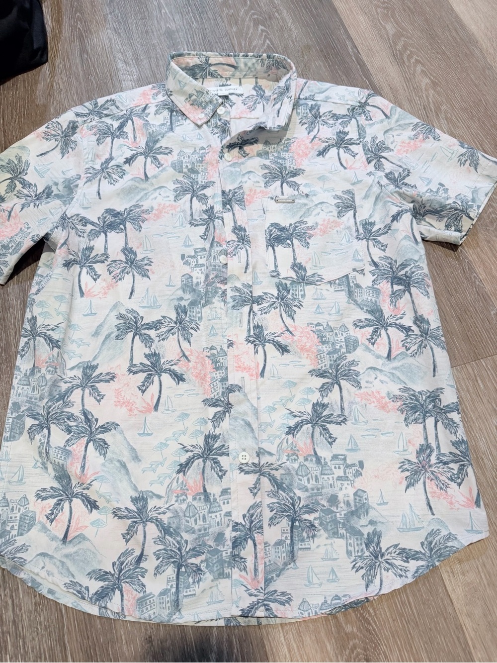 Vintage Summer Short-Sleeve Tropical Print Shirt - Light Blue & pink